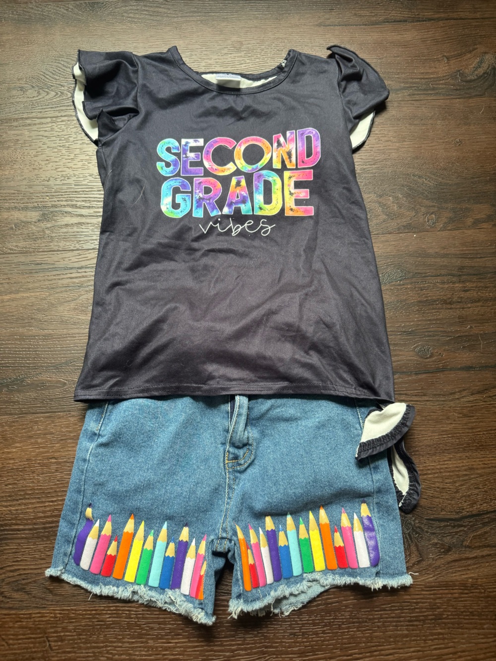 Girls Black 'Second Grade' Short Sleeve Tee with Rainbow Graphic